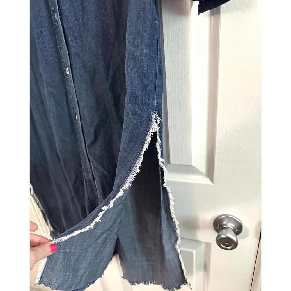 BELLA DAHL Tencel Lyocell Denim Chambray Split Raw Hem Shirt Dress Tab Sleeve M - Picture 6 of 7